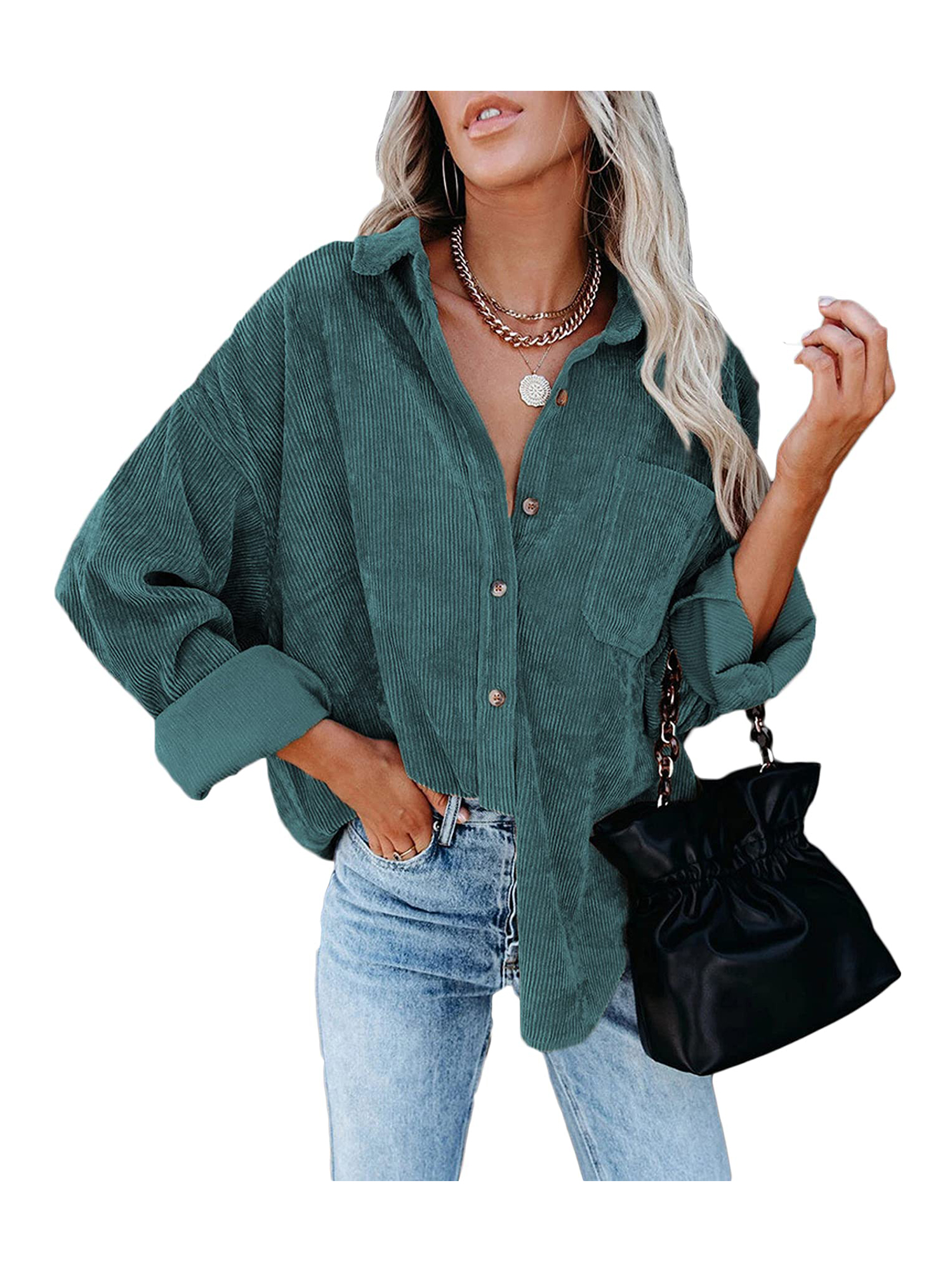Women Button Down Corduroy Shacket Shirt Jacket Casual Long Sleeve Boyfriend Blouses Oversized