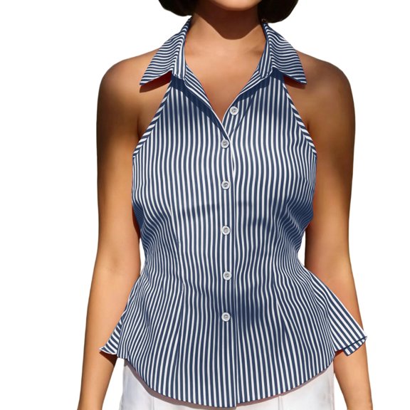 Noric Women's Sleeveless Striped Button Up Tank Tops Summer Casual Slim Fit Vintage Peplum Blouse