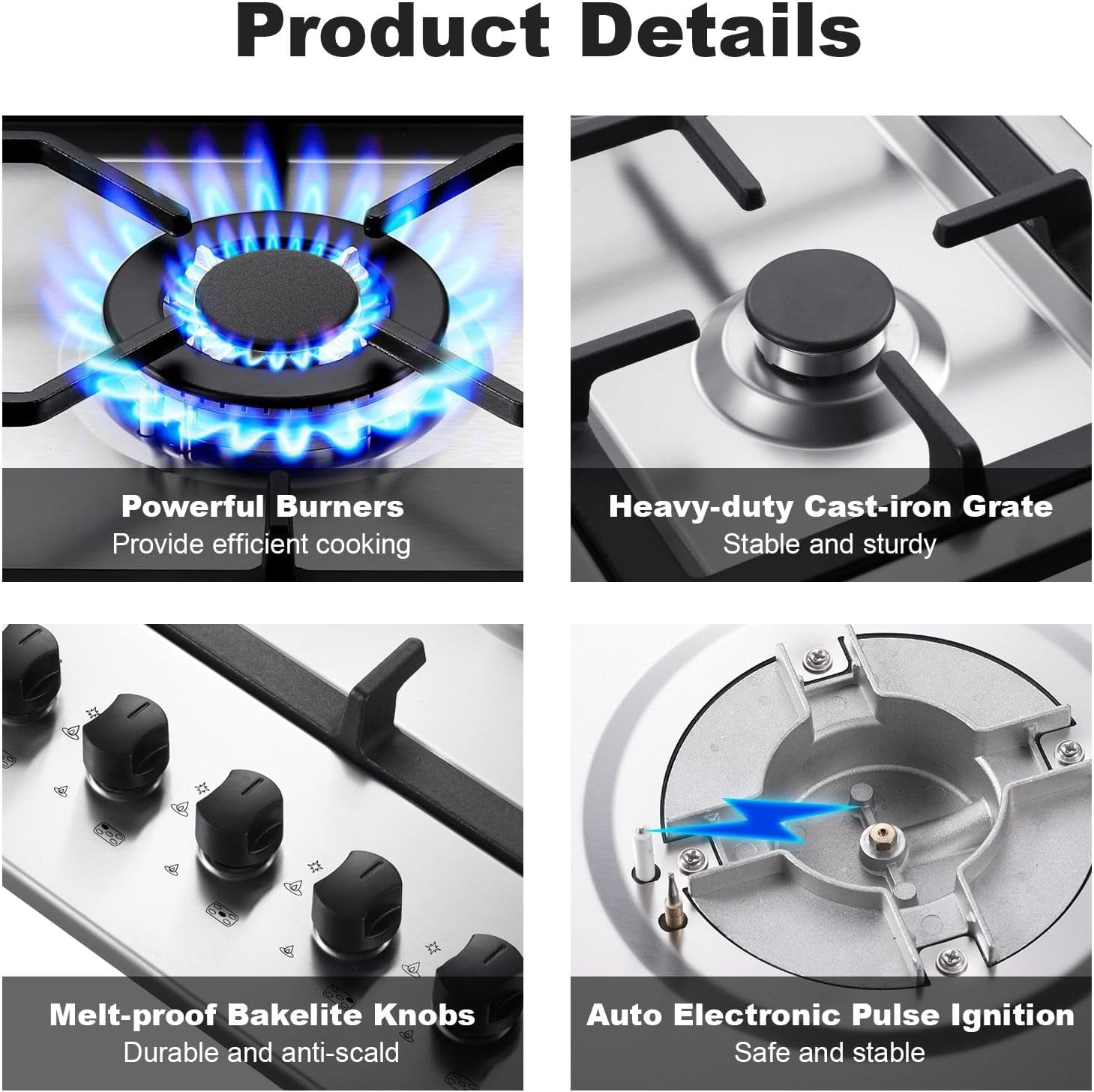 AMZGACHFKTCH 36 Inch Gas Cooktop with 5 Burners, Stainless Steel, LPG/Natural Gas Convertible, Thermocouple Protection