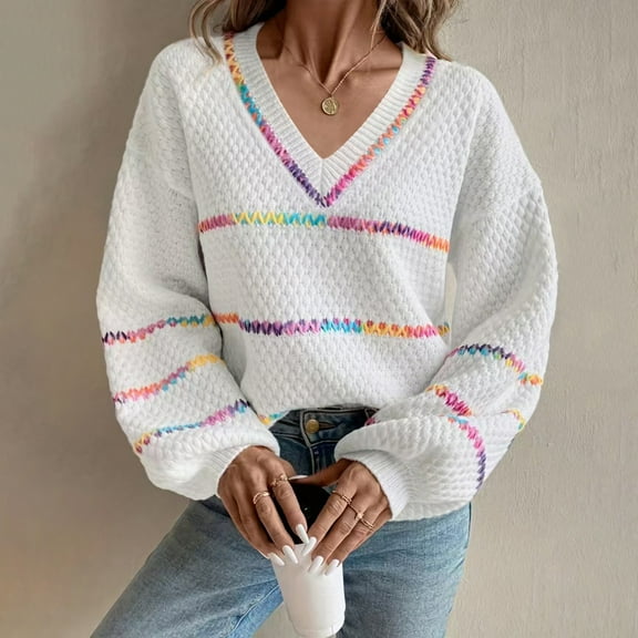 Women's Sweaters and Cardigans Striped V-Neck Pullover Loose Knit Long Sleeve Top