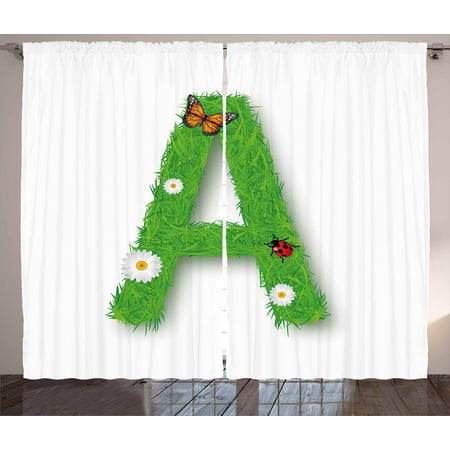 Element Spring - Letter A Curtains 2 Panels Set, Fresh My Name Style Capital A with Eco Spring Elements Animal Wings Blooms, Window Drapes for Living Room Bedroom, 108W X 108L Inches, Green Multicolor, by Ambesonne