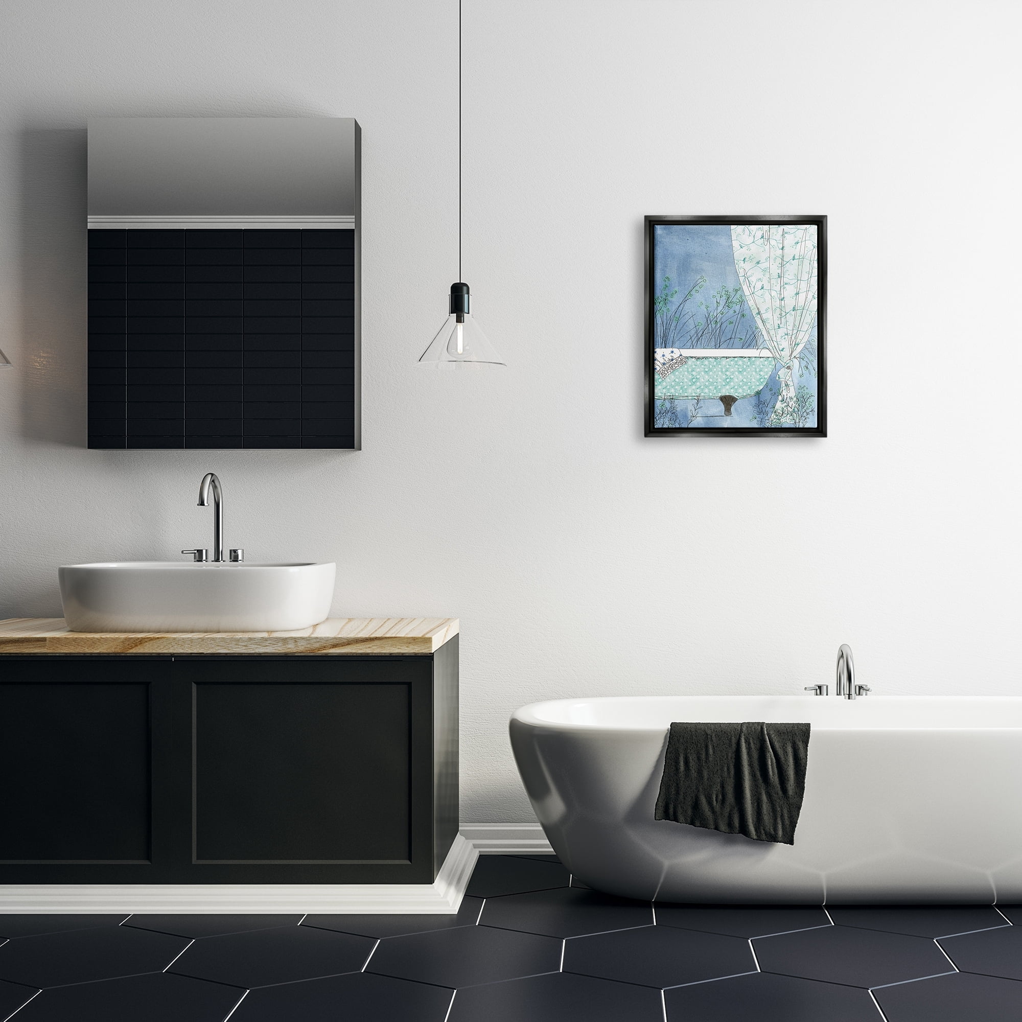 Stupell Industries Delicate Bathroom Claw Tub Curtain Floral Blossom Painting Jet Black Floating Framed Canvas Print Wall Art, Design by Kamdon Kreations