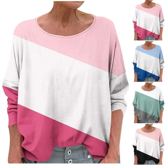 Agkizg Womens Fall Clothing Plus Size Womens Tops Long Sleeve Blouses Cottons-Linen Like Color Block Long Sleeve Crew Neck Loose Comfortable Casual T-Shirt Top L