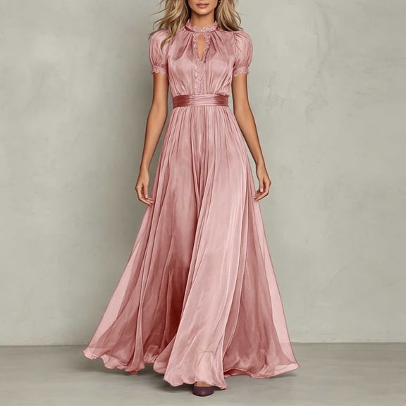 Karymi Spring Dresses for Women 2026 Chiffon Maxi Formal Dress, Lace Trim Mock Neck Keyhole Puff Short Sleeve Satin Waistband Flowy A Line Bridesmaid Evening Gown Dresses for Women
