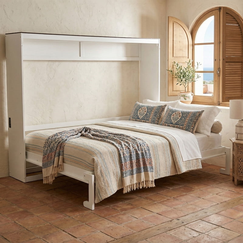 Queen Size Wood Murphy Bed with Hidden Folding Platfom Bed, Wall Cabinet Bed Frame with Shelf Top & Side Charging Station