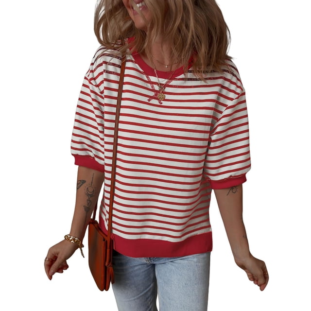 Jersey Dokotoo Knit para mujer con cuello redondo y mangas 3/4, color marrón