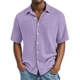 thumbnail image 3 of Men's Short Sleeve Button Down Shirt, Cotton Solid Color Textured Pleated Casual Shirt, Lightweight Loose Fit Beach Vacation Top for Men, Double Layer Crinkle Shirt Purple XL, 3 of 10