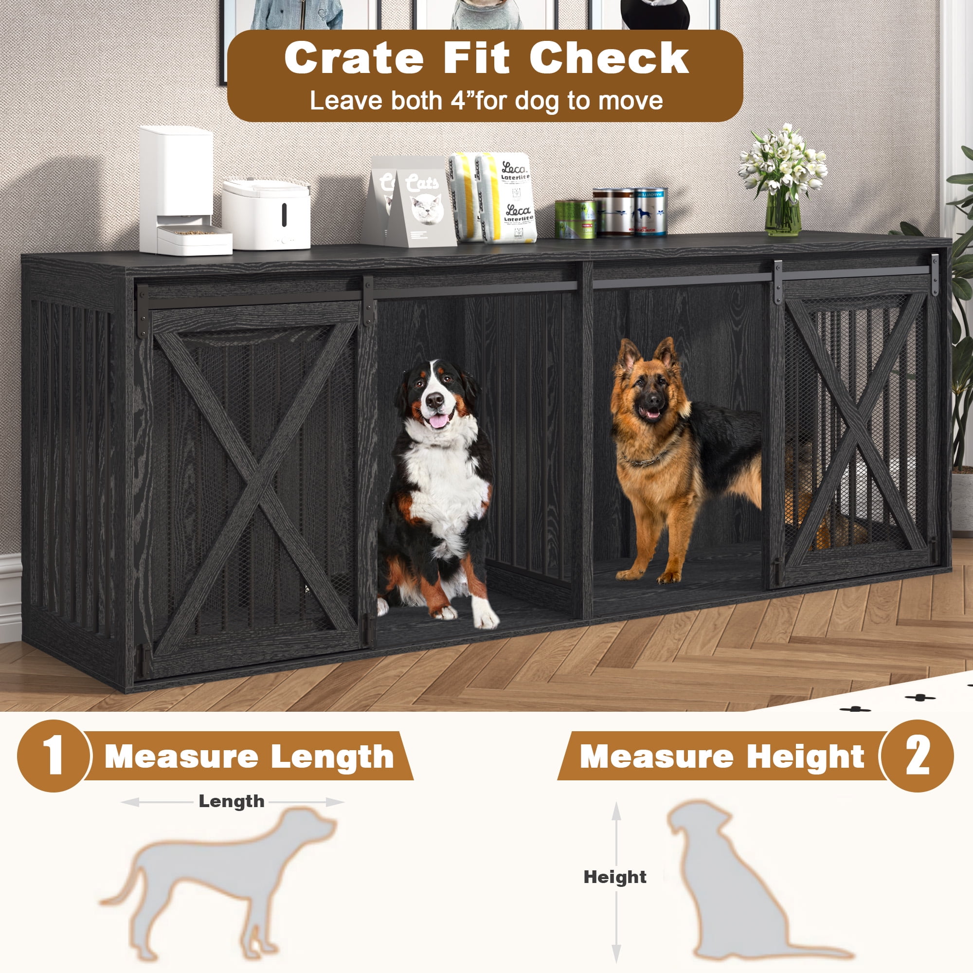 Nordee 94.5" XXXL Dog Crate Furniture for 2 Large Dogs, Heavy Duty Double Dog Cage Extra Large Breed, 35.4" Tall Thick Wooden Dog Kennel TV Stand with Divider, Black