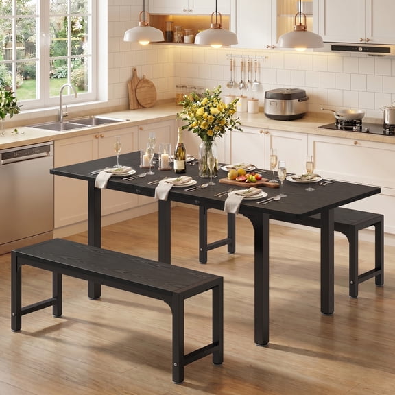 Noelse Extendable Dining Table Set with Benches, 63" Space Saving Kitchen Dining Table for 2–6 People, Modern Wood 3-Piece Dining Room Set, Black