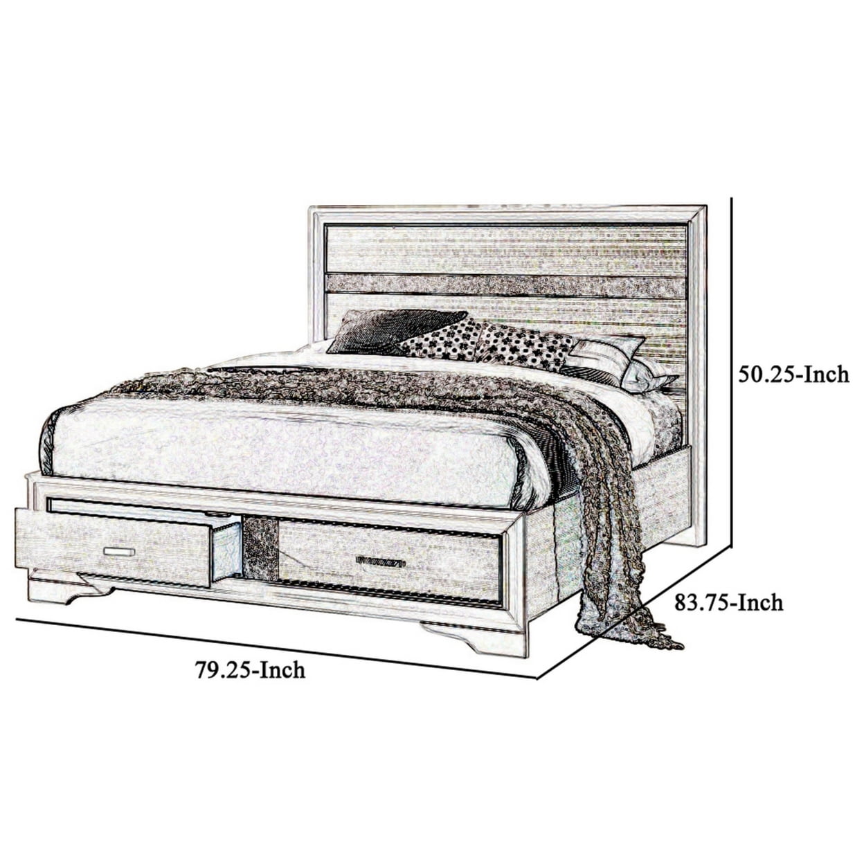 Contemporary Eastern King Bed with Drawers and Glittering Stripes White - Saltoro Sherpi