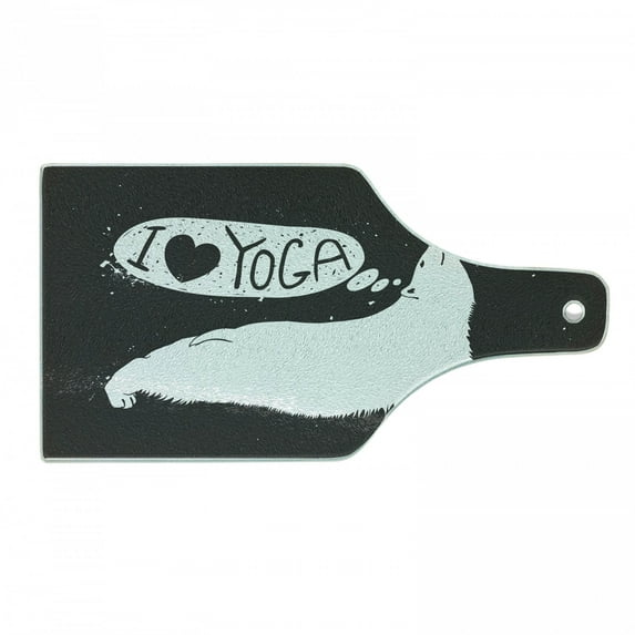 Yoga Cutting Board, Polar Bear Saying I Love Yoga Grunge Wildlife Illustration, Decorative Tempered Glass Cutting and Serving Board, Wine Bottle Shape, Charcoal Grey White, by Ambesonne