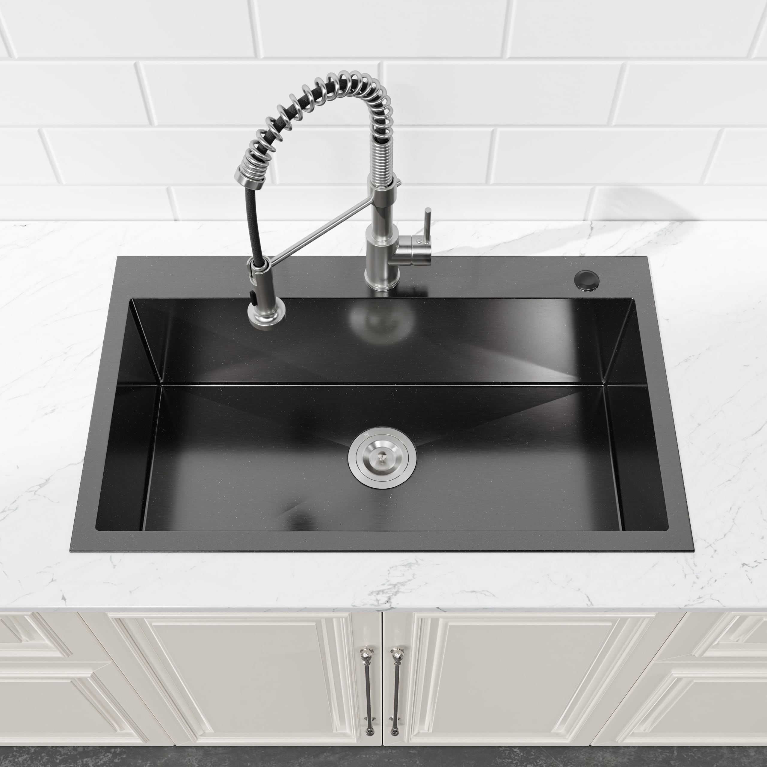32-inx19-in Black Stainless Steel Drop-In Kitchen Sink-Single Bowl 16 Gauge Topmount Sink with US Drain And Hooks