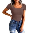 thumbnail image 2 of Short Sleeve Shirts for Women Crop Scoop Neck Slim Fitted Basic Shirt Solid Oversized Ribbed Knit Casual T-Shirt Brown 2XL, 2 of 4