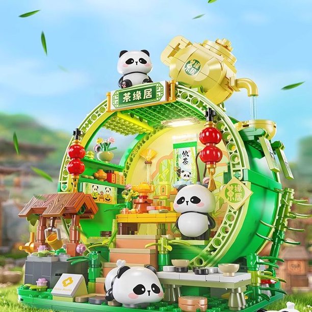 Casa de té de Panda, casa de bambú, bloques de construcción de China, decoración de habitación, ladrillos pequeños para niños jóvenes, rompecabezas, colección de regalo