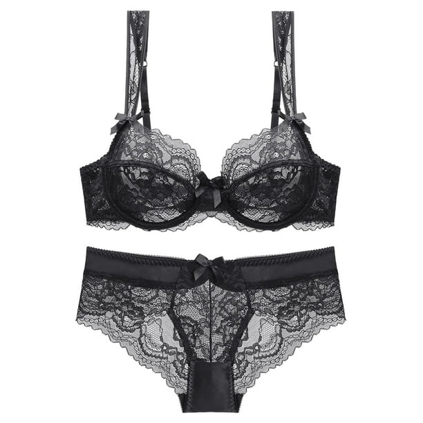 Gibobby Ropa interior mujer sexy Lencería de Malla Sexy para Mujer Conjunto de Ropa Interior de Vendaje Envoltura de Pecho Bragas Huecas Conjunto de Sujetadores(Negro, 85C)