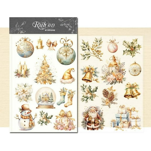Rub On Transfers Stickers 2 sheets for Crafts Cloth Glass Acrylic Wood Furniture Small Vintage Junk Journal Supplies Scrapbooking Items Christmas Thanksgiving (Golden Christmas)
