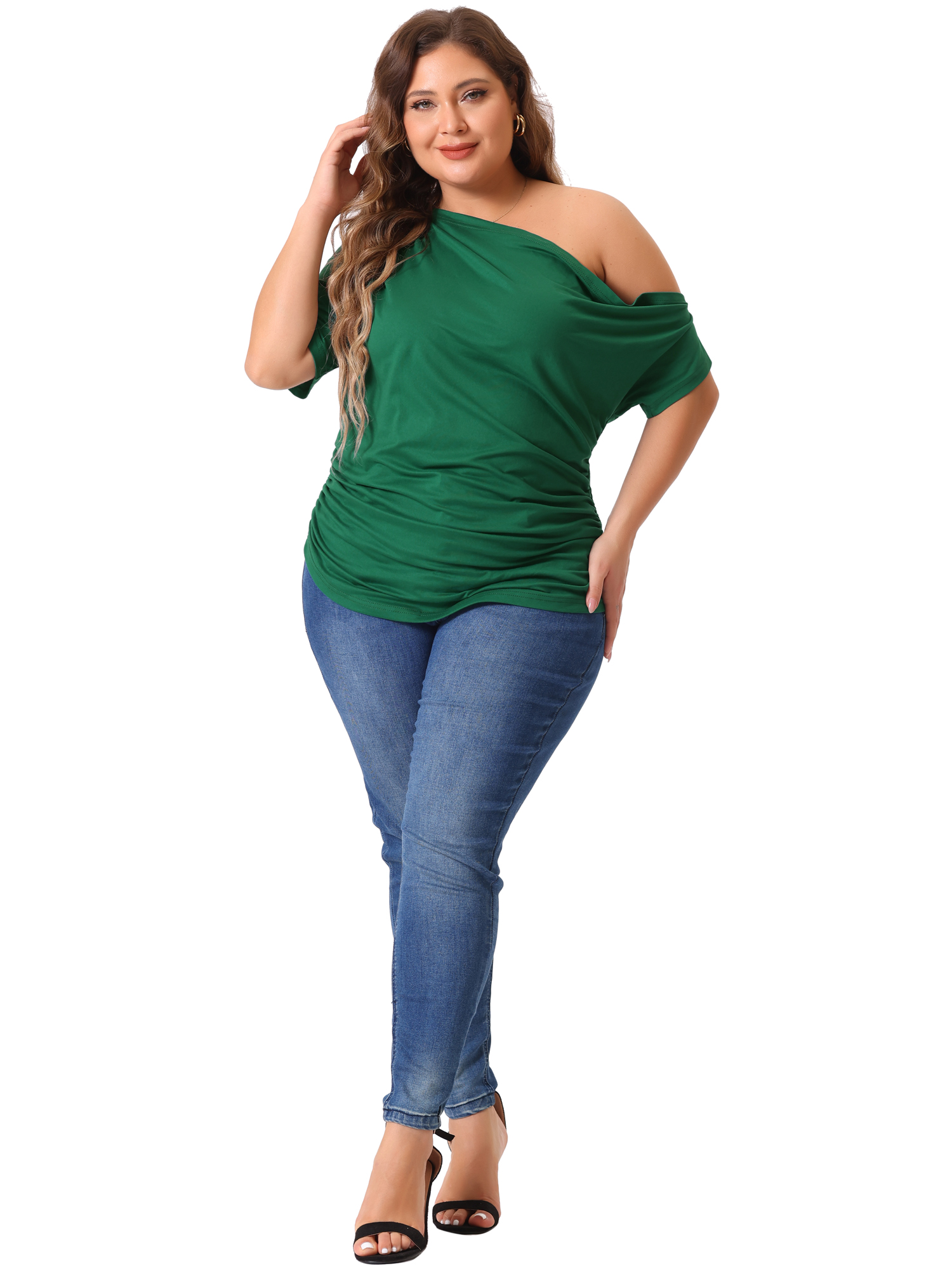 Women's Plus Tops One Shoulder Short Sleeve Ruched Basic Blouses Summer Tee Tops 2X Dark Green