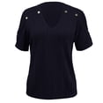 thumbnail image 6 of MIXUE Boho Tops For Women Summer Striped Print Solid Color V Neck Off Shoulder Short Sleeve Sexy Fashion T Shirts Daily-Wear,Black,M, 6 of 6