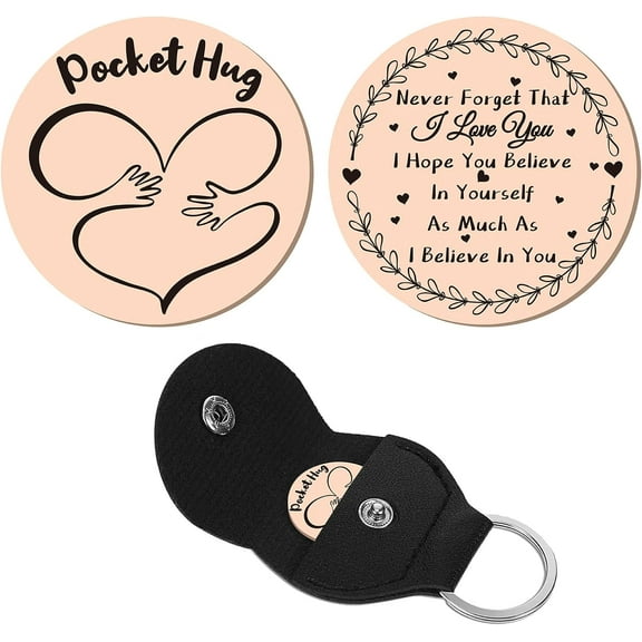 Pocket Hug Token Long Distance Relationship Keepsake Stainless Steel Double Sided Inspirational Gift with PU Leather Keychain for Friends Daughter 1.2Inch-Never Forget That I Love You(Pink)