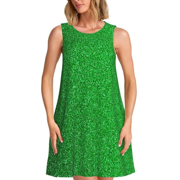 Bixox Green Sparkling Shiny Print Women's Sleeveless A-Line Dress with Pockets, Casual Knee-Length Tank Dress for Summer-XX-Large