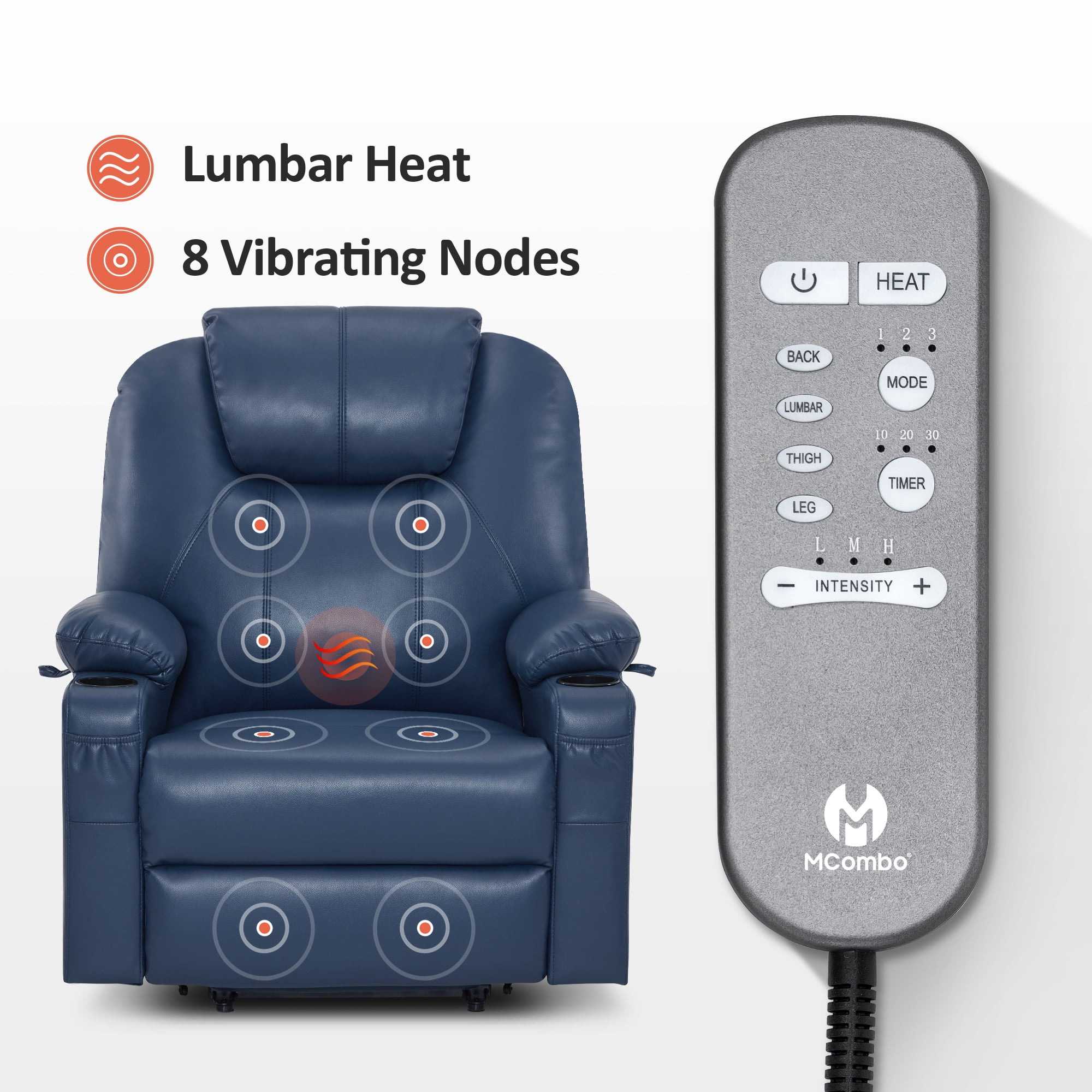 MCombo Large-Wide Power Lift Recliner Chair Sofa with Massage and Heat for Elderly People, Cup Holders, USB&Type C Ports, Side Pockets, Faux Leather (Blue, Large-Wide)