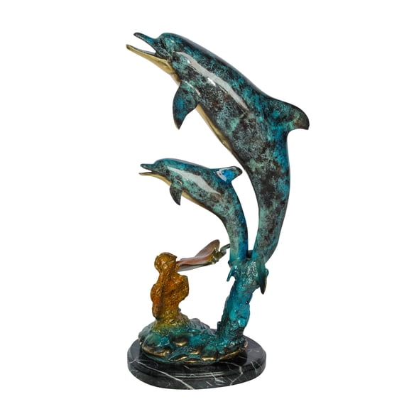 Nifao Bronze Dolphins and Mermaid Statue Ocean Fantasy Décor – Home Decor Sculpture, 9"L x 7"W x 22"H