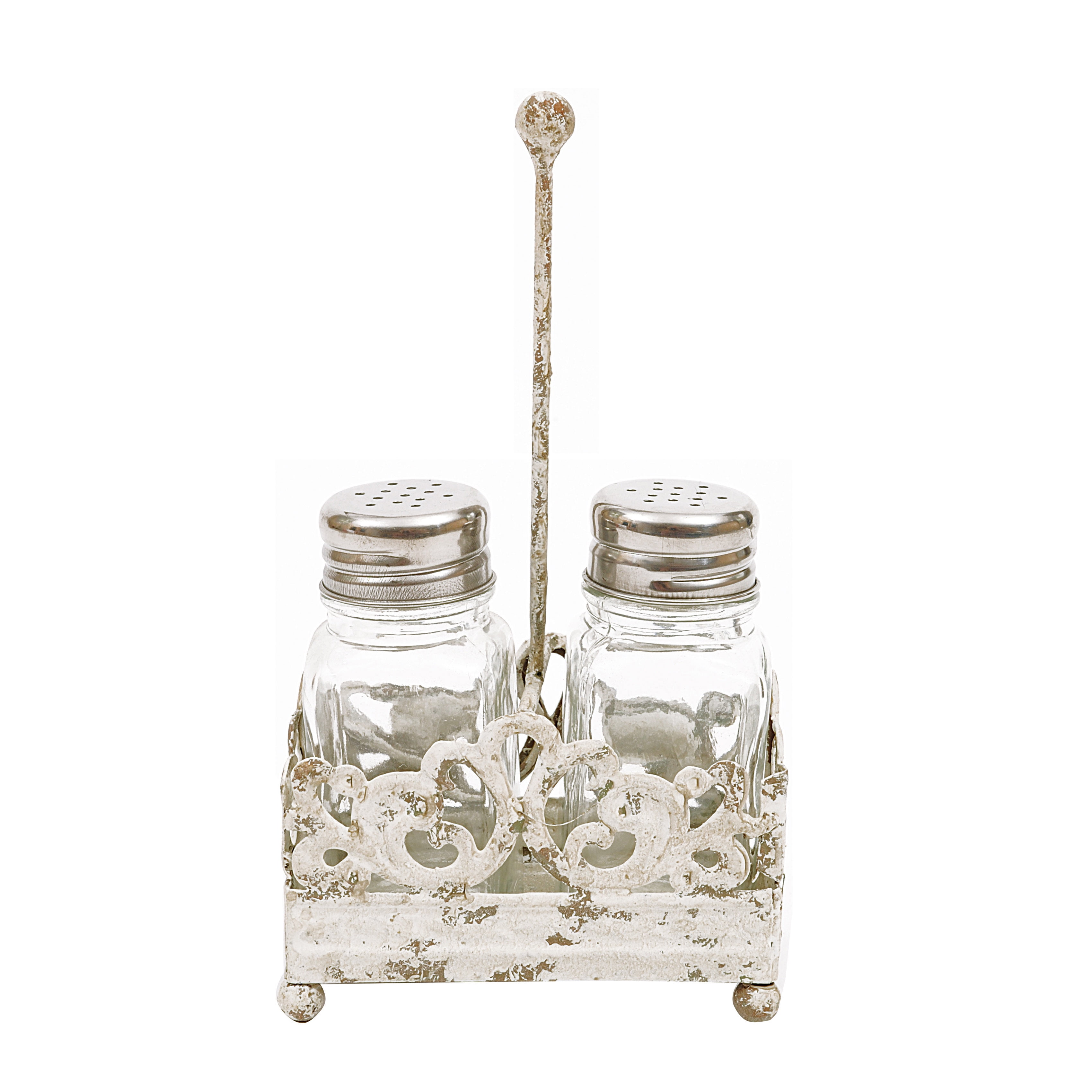 Creative CoOp Cottage Chic Metal Salt and Pepper Shaker Caddy with Glass Shaker, 7.5Inch