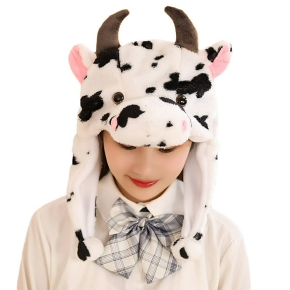 lanema Plush Hat Stuffed Cow Toy Cap with Moving Ears Neck Warmer Scarf Party Costume