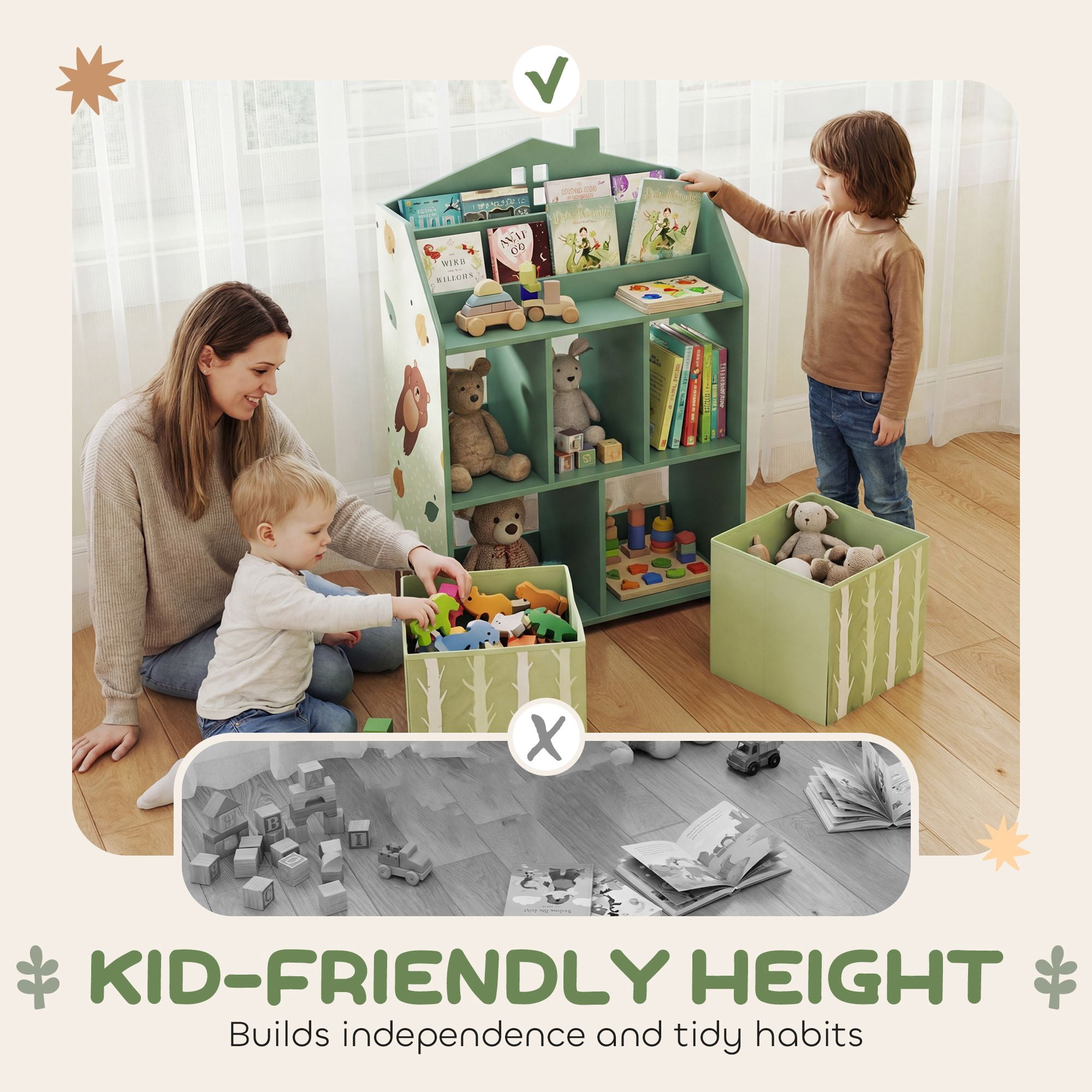 Kids Bookshelf with Storage, Toy Storage Unit with Book Display, Shelves and Fabric Drawers for Playroom Nursery, Green