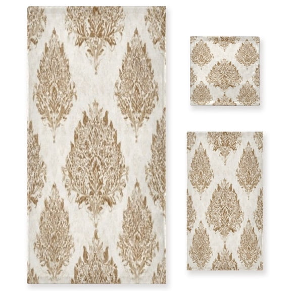 BZSMCE 3piece Bath Towel Sets Hand Bath Towels Fashion Cream Gold Ornate Printed Towel Sets