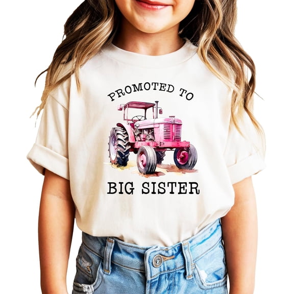 Promoted to Big Sister Pink Tractor Shirt for Girls Farm Sibling Reveal Pregnancy Announcement Tee Natural Shirt Youth Small