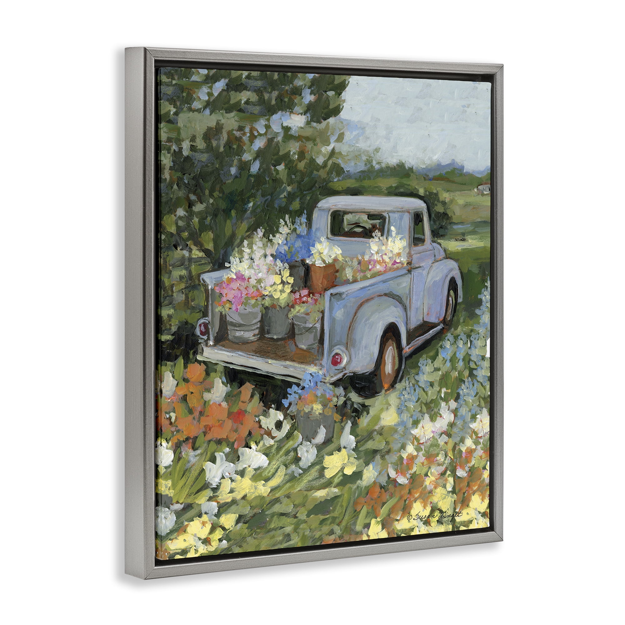 Stupell Industries Truckin' Field with Flowers Gray Framed Floater Canvas Wall Art, design by Susan Winget