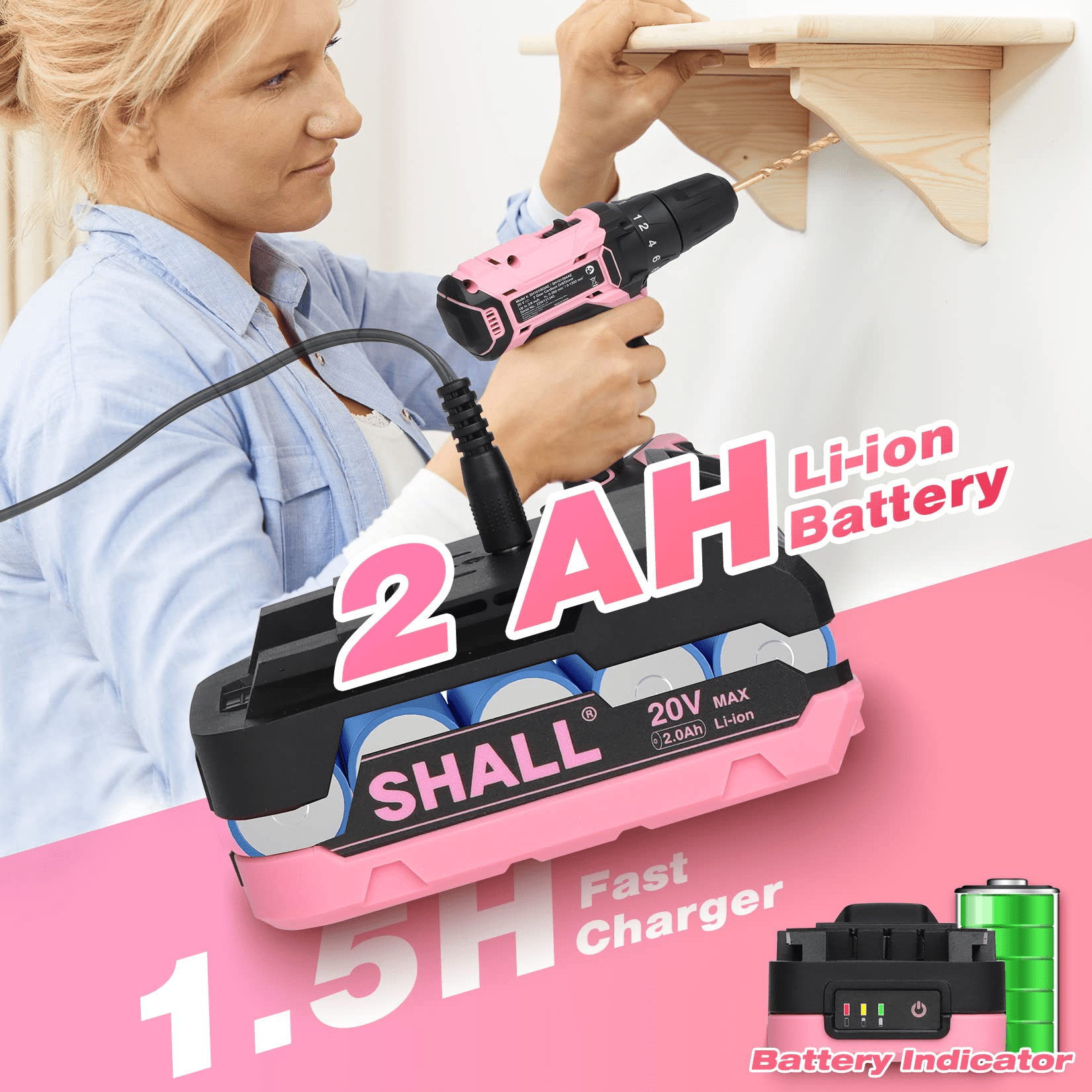 Pink 20 Volt Battery Drill SHALL Cordless Drill Set Combo Kit 20V