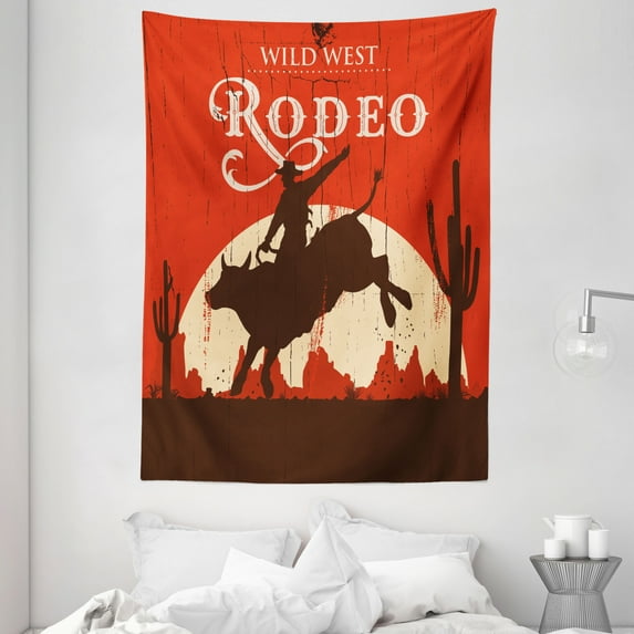 Vintage Tapestry, Rodeo Cowboy Riding Bull Wooden Old Sign Western Style Wilderness at Sunset Image, Wall Hanging for Bedroom Living Room Dorm Decor, 60W X 80L Inches, Orange Brown, by Ambesonne