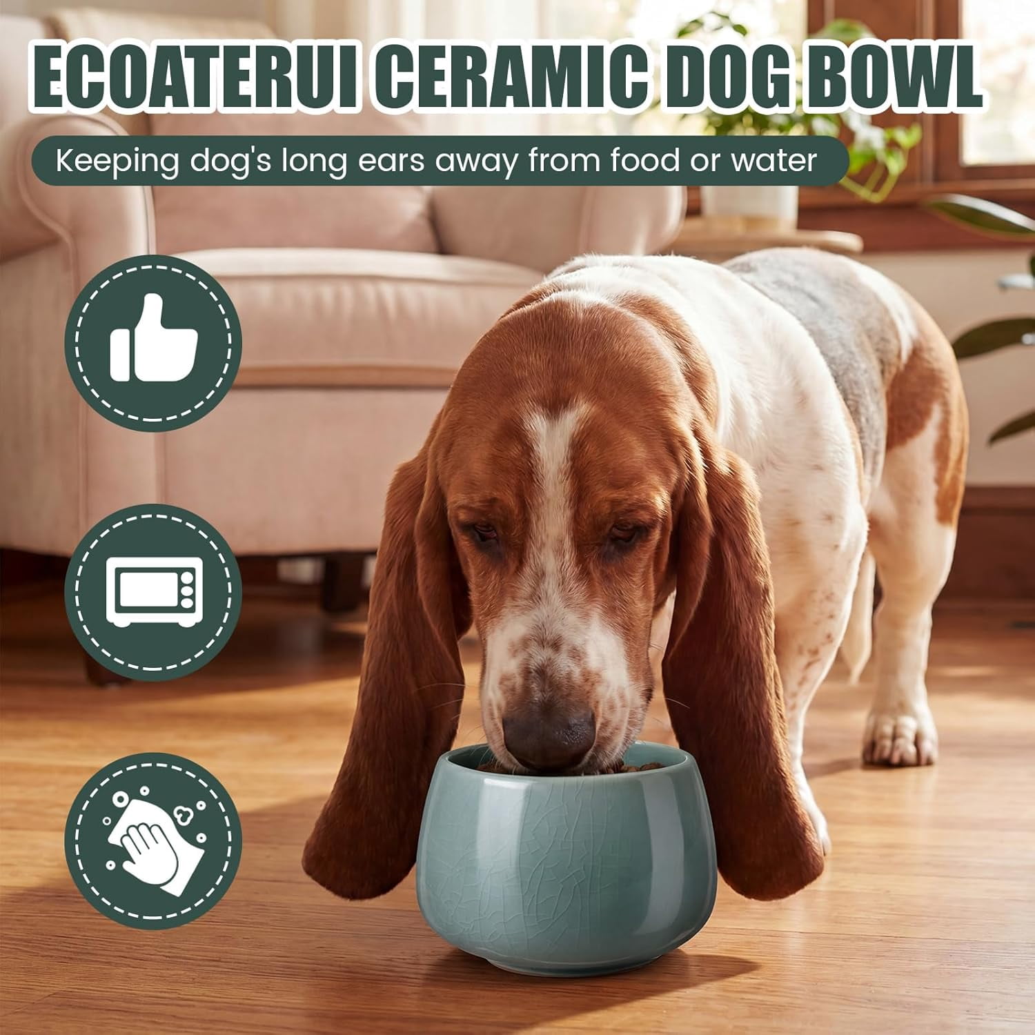 1 Pack 37 oz Ceramic Dog Bowl for Large Dogs with Long Ears No Spill Water & Food Pet Bowl Cocker Spaniel Beagle Bassett (Pale Cyan)
