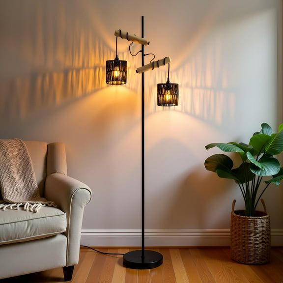 Farmhouse Floor lamp Double Head Vintage Floor Tree, Wooden Standing lamp for Living Room,Bedroom, Rustic Floor Lamp with Black Finish