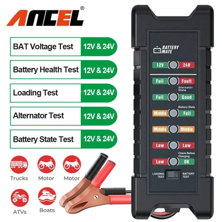 ANCEL BM410 12V 24V Battery Load Tester Analyzer, 7 LED Lights Digital Battery Health Tester for Car Automotive Motorcycle, Car Battery Tester Scan Tool