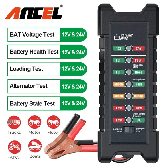 ANCEL BM410 12V 24V Battery Load Tester Analyzer, 7 LED Lights Digital Battery Health Tester for Car Automotive Motorcycle, Car Battery Tester Scan Tool