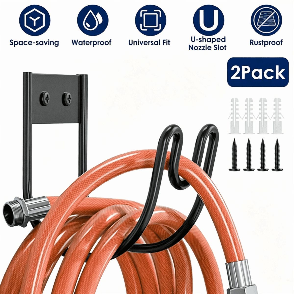 2PCS Wall Mount Garden Hose Holder, 304 Stainless Steel Hose Hanger with U‑Shaped Nozzle Slot, Holds Up to 150ft 1/2‑Inch Hose for Yard, Patio & Outdoor Organization