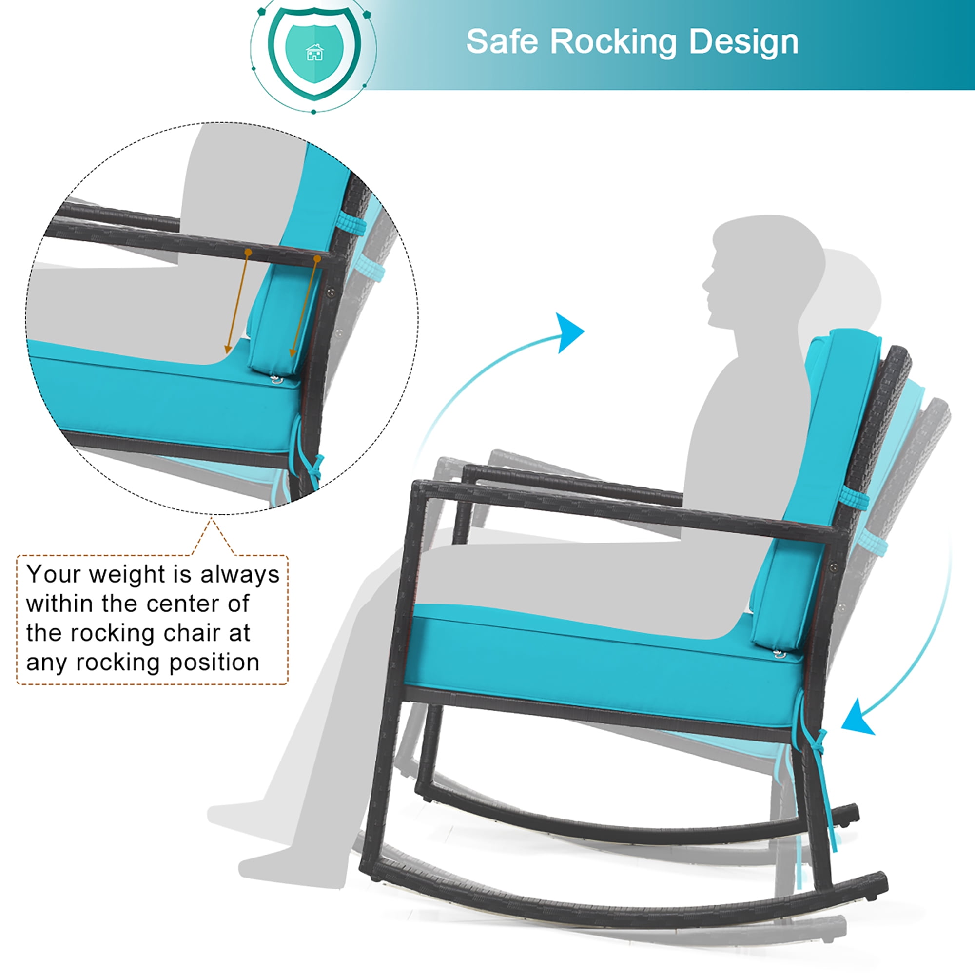Costway Patio Rattan Rocker Chair Outdoor Glider Rocking Chair Cushion Lawn Turquoise