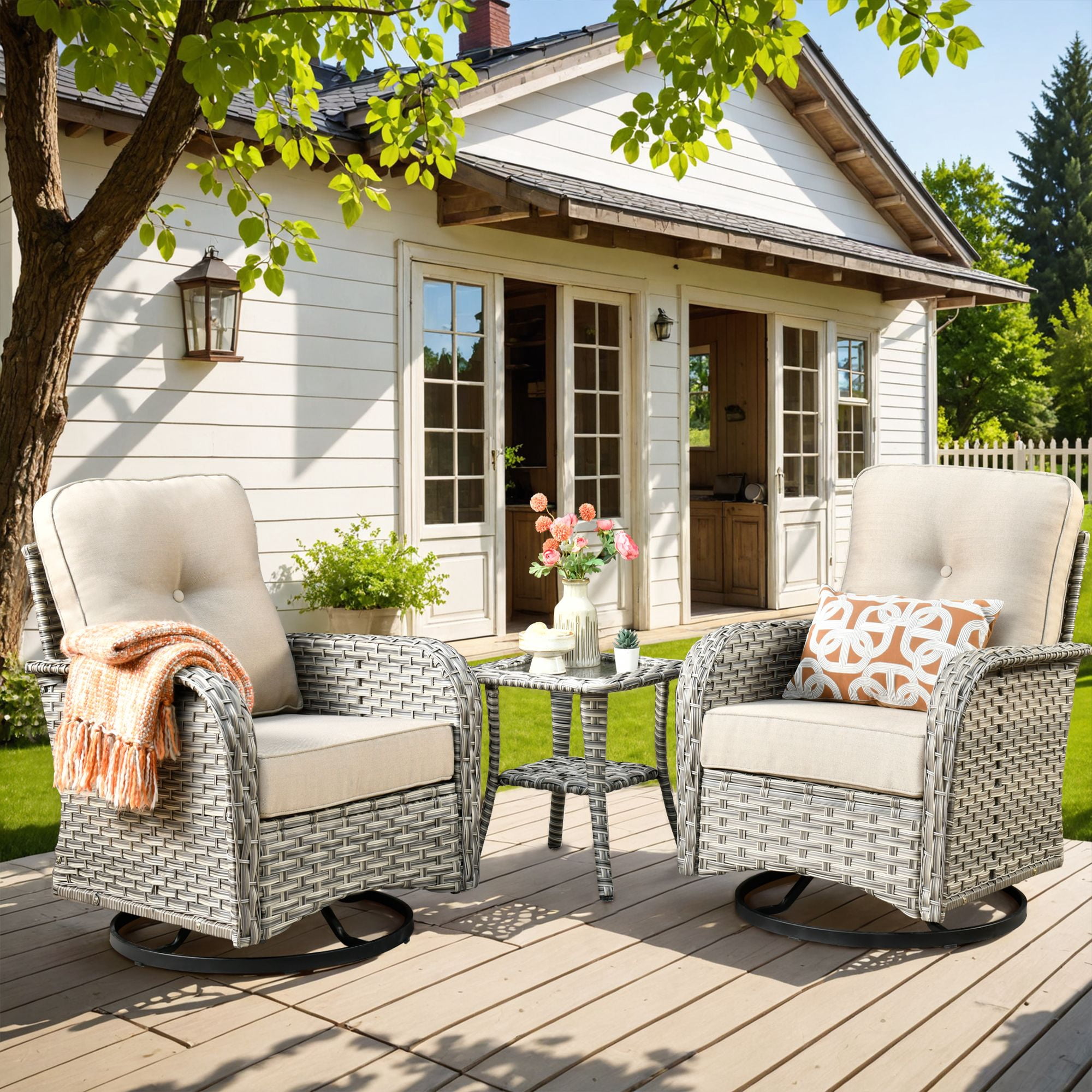 Vcatnet 3 Pieces Outdoor Patio Furniture Wicker Swivel Rocking Chair Swivel Rocker Patio Chairs Set of 2 with Side Table for Porch, Backyard, Beige