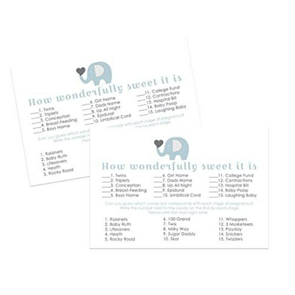 Elephant Baby Shower Candy Guessing Game 25 Cards - Hilarious Funny Candies Match Activity - Boys Little Peanut Theme Blue and Grey - Printed 4x6 - Paper Clever Party