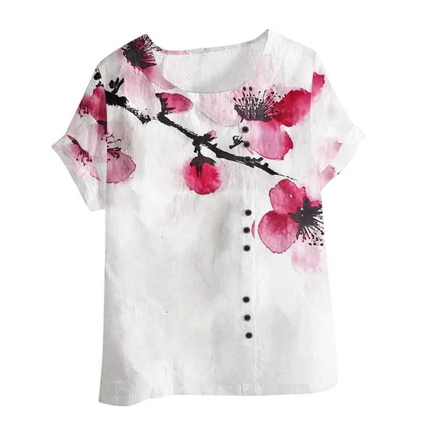 Vestidos Casuales Para Mujer, Blusas De Mujer De Moda Blusa tipo túnica informal de lino con estampado de peces y botones de manga corta para mujer