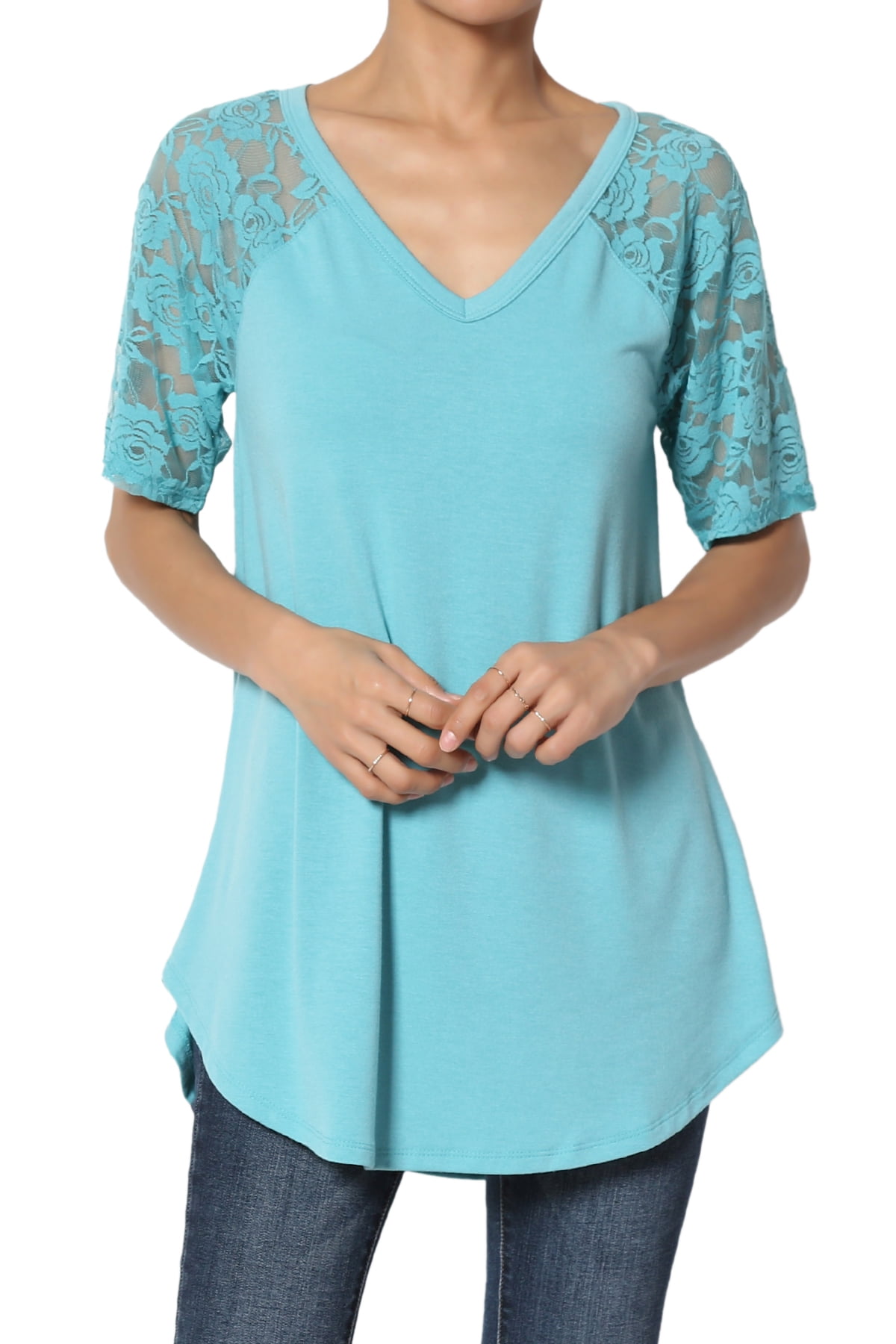 TheMogan Women's S3X LaceSleeve Jersey Top VNeck Extended Curved Hem