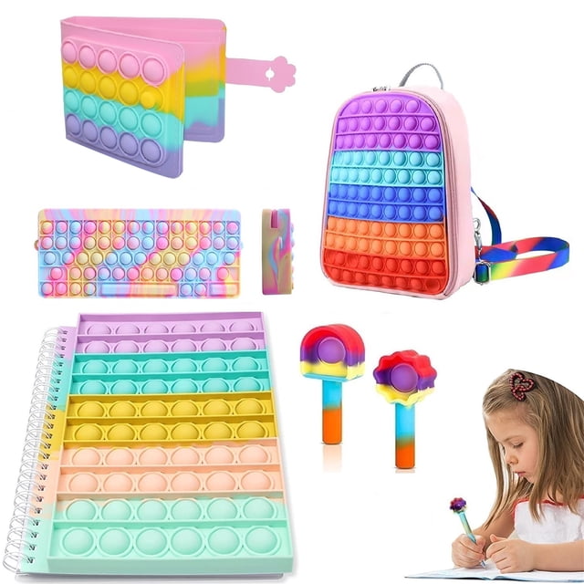 Gupgi Fidget Stationery Set, 6 Pcs Stress Relief Push Bubble Stationery Backpack Pencil Case Wallet Notebook Pens Fidget Toy Set