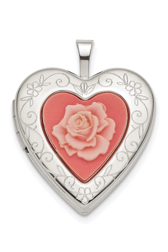 Sterling Silver 20mm Pink Resin Rose Cameo Heart Locket (25 X 19.5) Made In Hong Kong qls781