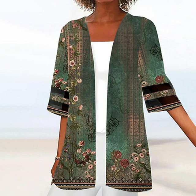 LOVZFMLL Vestes pour Femmes Imprimé en Maille à Empiècements Manches Trois Quarts Hauts Décontractés Blouse Cardigan