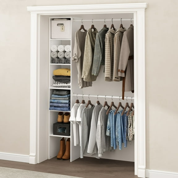 Furinno Fano Clothing & Closet Storage Organizer Shelf Tower with 2 Hanging Bars, White