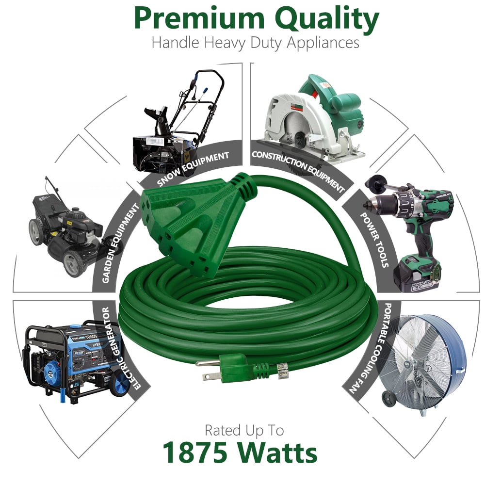 Kasonic 50FT 16 Gauge Green 3 Outlets SJTW Extension Cord