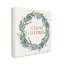 Stupell Industries Winter Foliage Red Holly Wreath Season's Greetings Typography Botanical & Floral Painting Gallery Wrapped Canvas Print Wall Art, 24 x 24